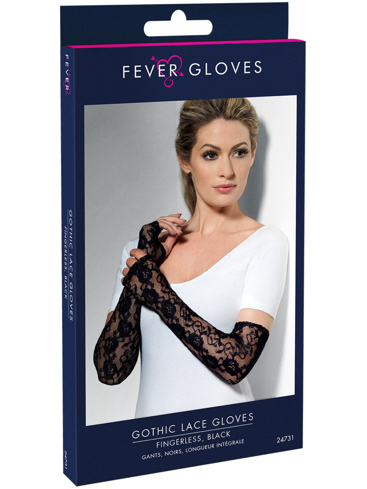 Black lace fingerless gloves in their retail packaging