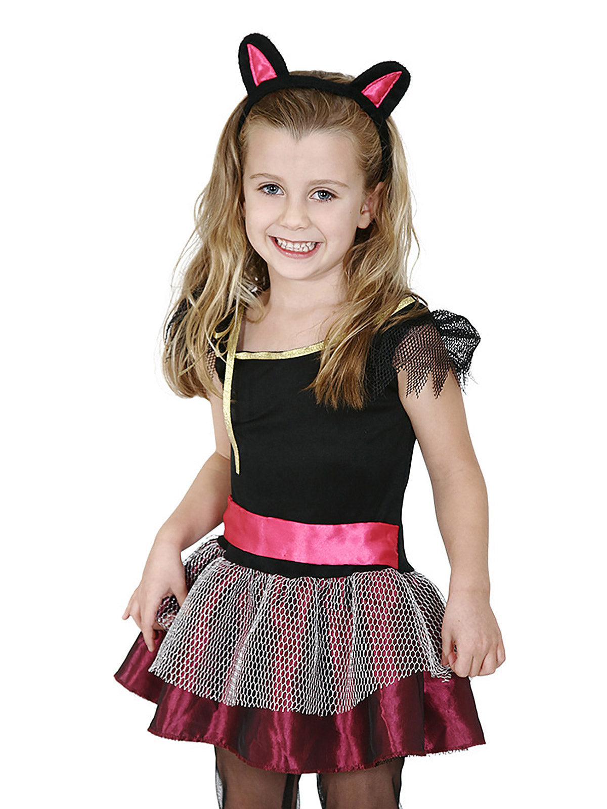 Girl wearing a red rock star tutu dress with black bodice, pink satin belt and cat-ear headband