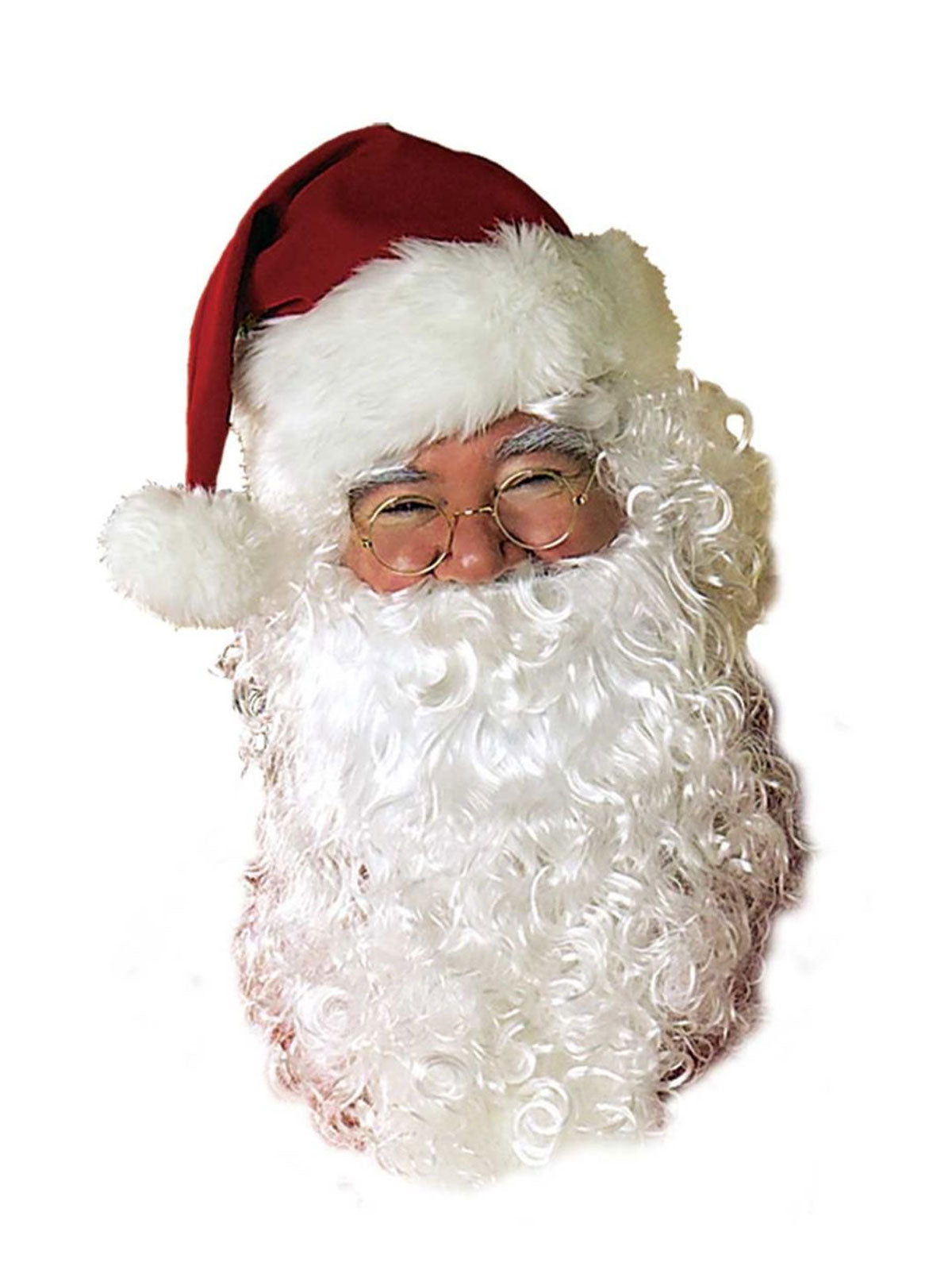 Man wearing a curly white Santa beard and wig set