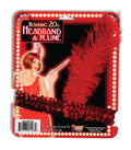 Red sequin 20s headband with red feather plume in its retail packaging