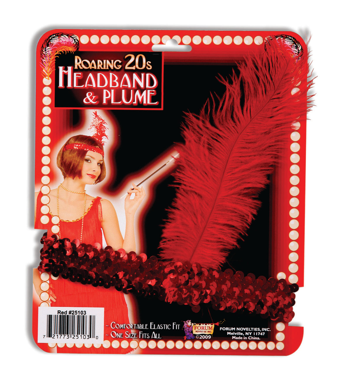 Red sequin 20s headband with red feather plume in its retail packaging