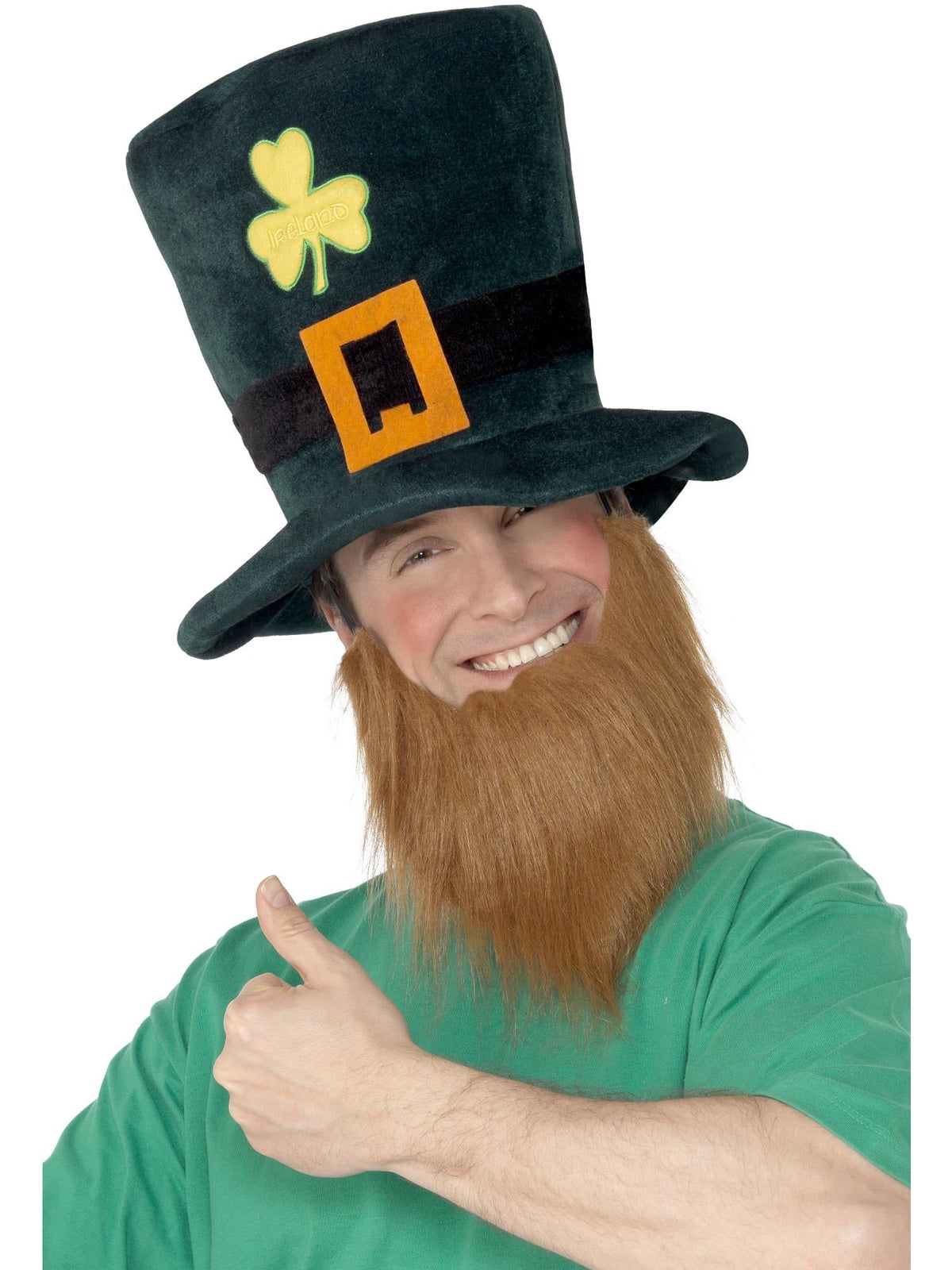 Green leprechaun top hat with attached beard, alternate view