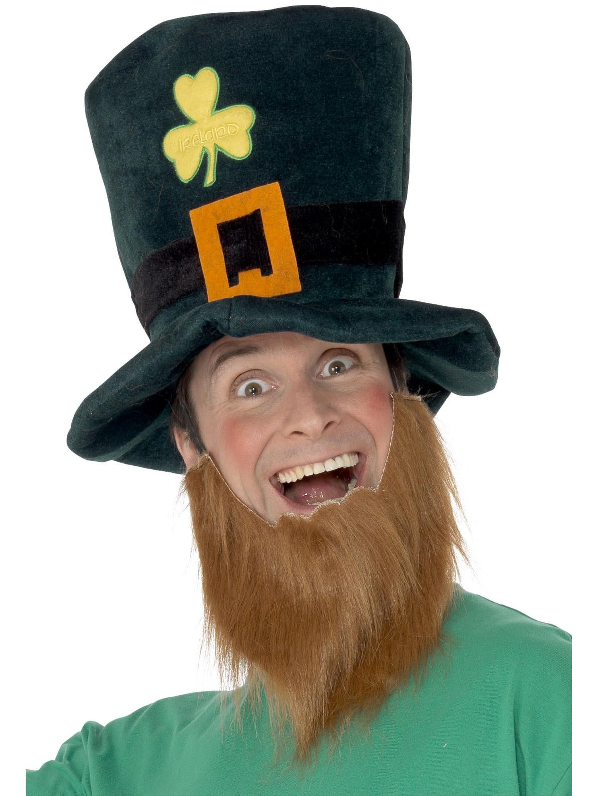 Man wearing a tall green leprechaun top hat with shamrock, gold buckle and attached ginger beard