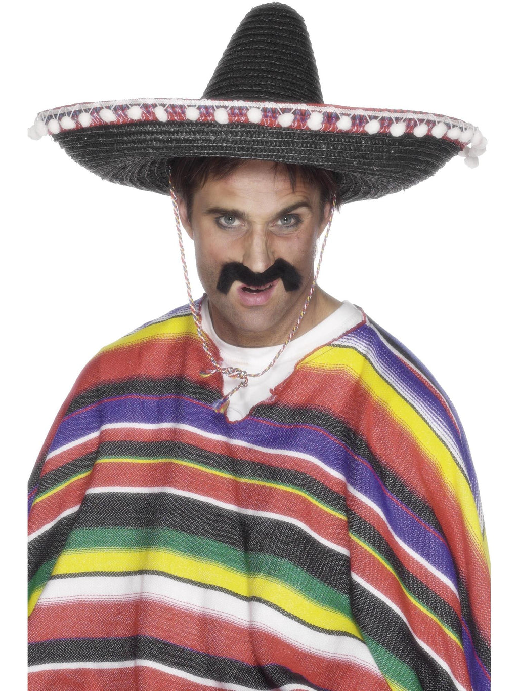 Man wearing a black straw sombrero with white pom pom trim