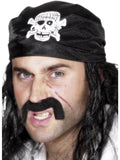 Man wearing a black pirate bandana with a white skull and crossbones on the front