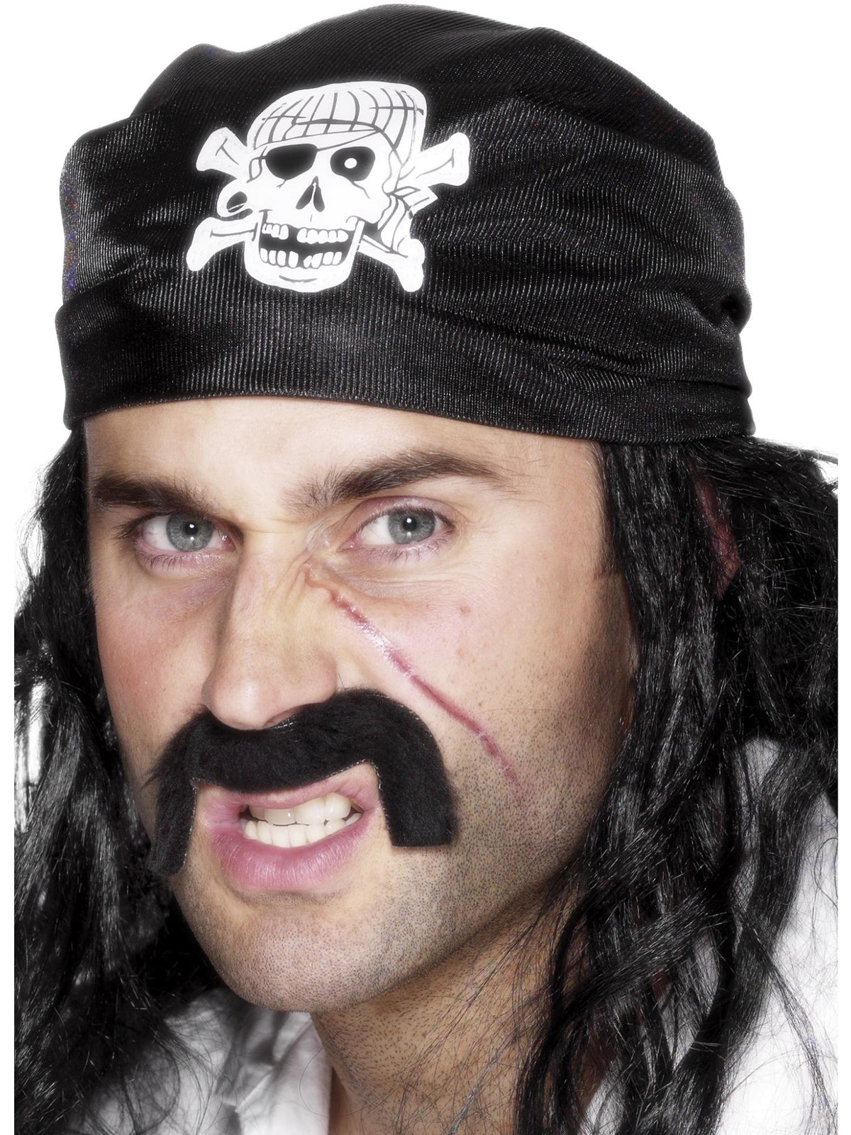 Man wearing a black pirate bandana with a white skull and crossbones on the front