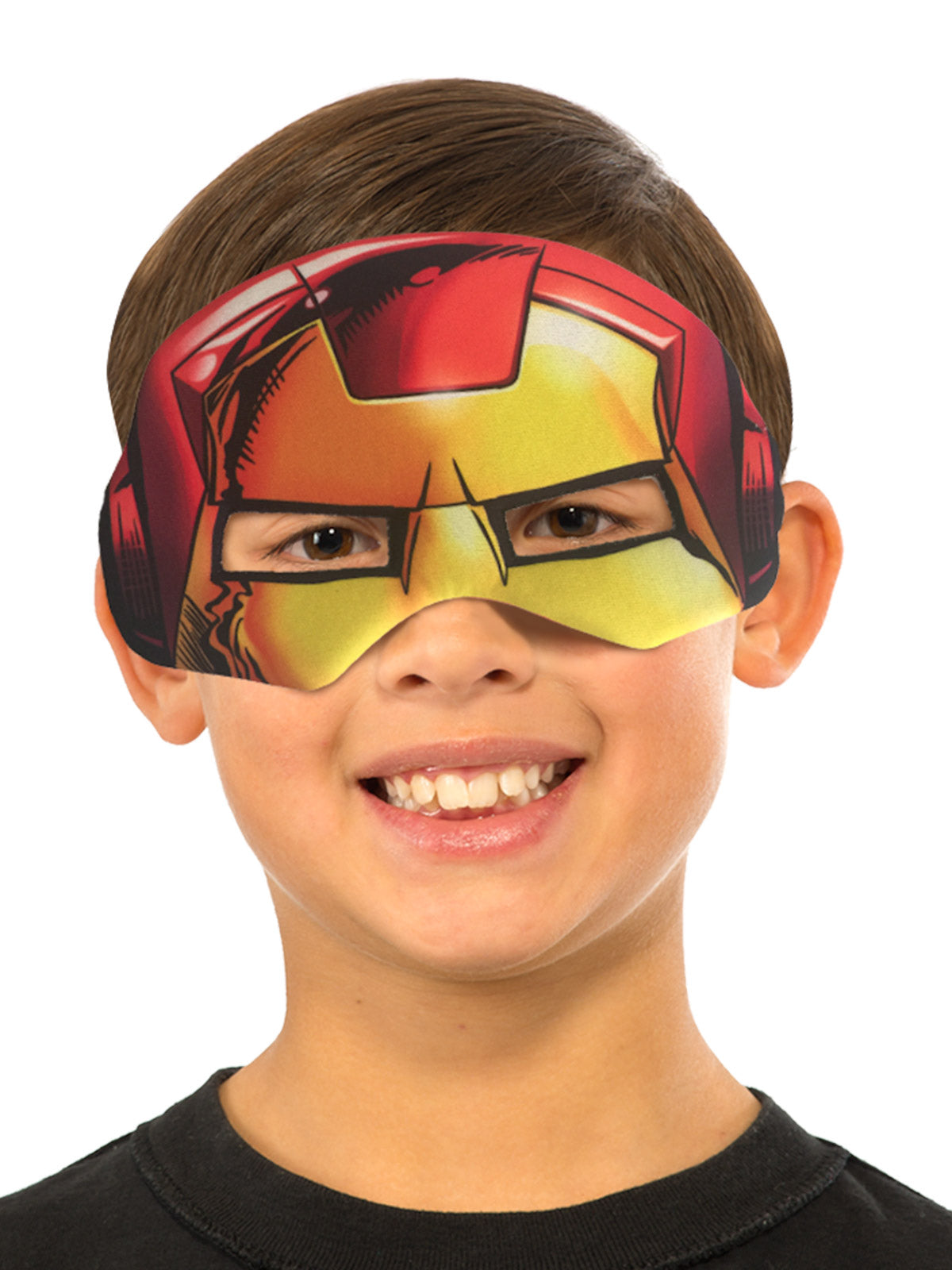 Boy wearing the red and gold Iron Man plush eyemask