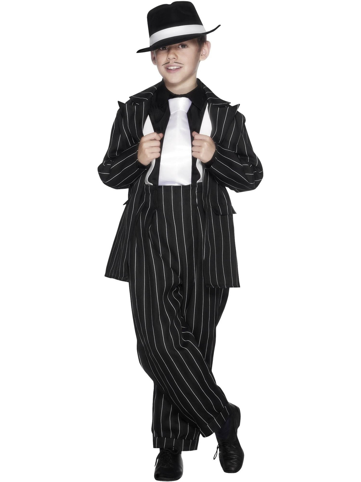 Boy wearing a black and white pinstripe zoot suit jacket and matching pants with white braces