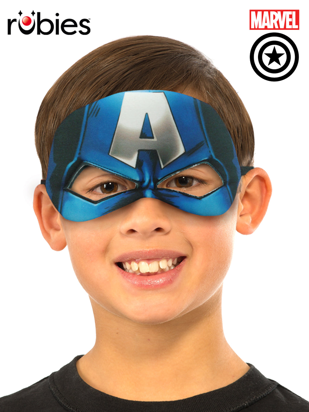 Boy wearing the blue Captain America eyemask with a white A emblem