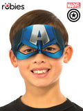 Boy wearing the blue Captain America eyemask with a white A emblem