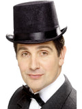 Man wearing a black felt topper hat with satin band