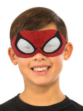 Boy wearing the red Spider-Man plush eyemask with white eyes