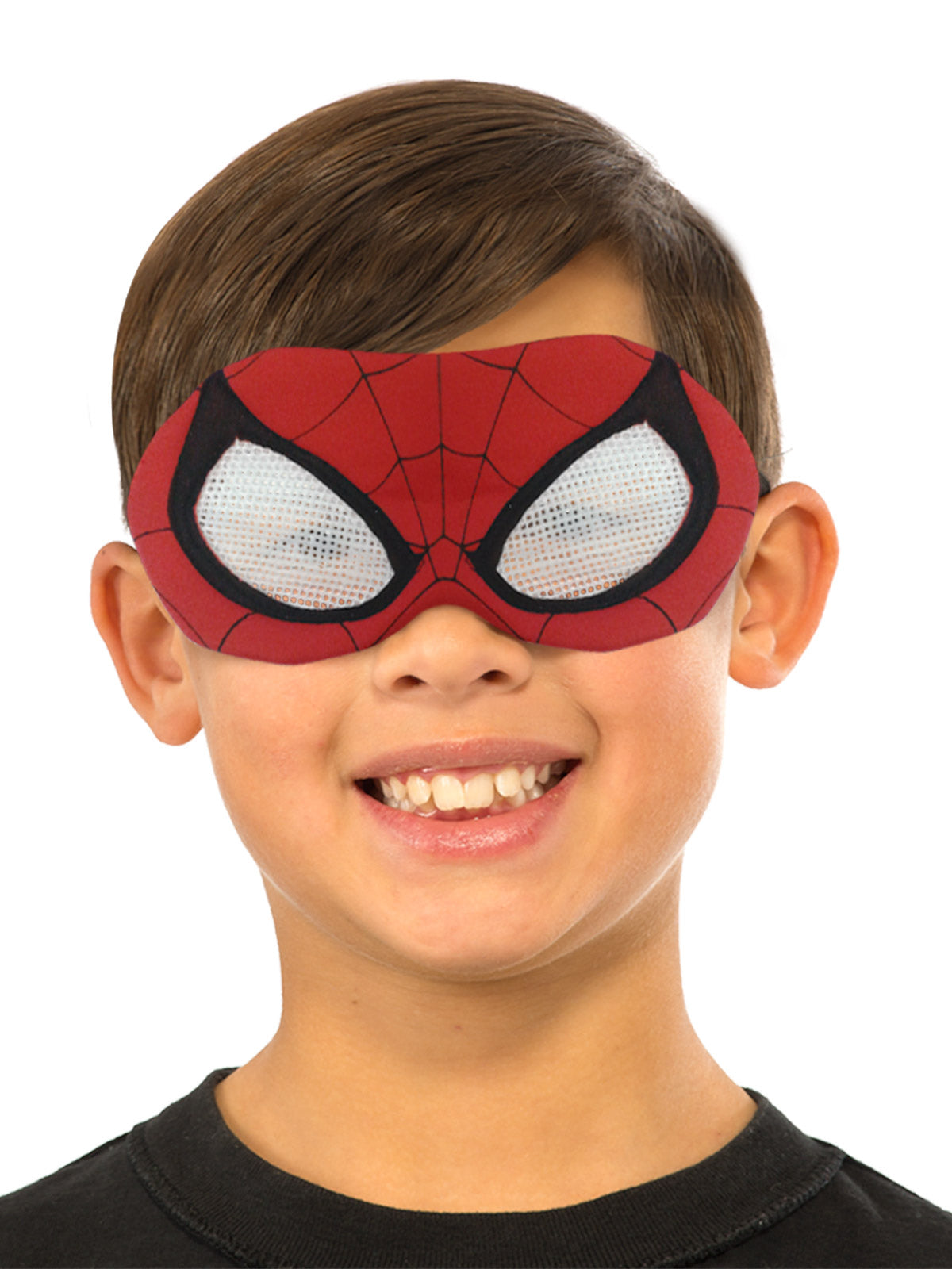 Boy wearing the red Spider-Man plush eyemask with white eyes