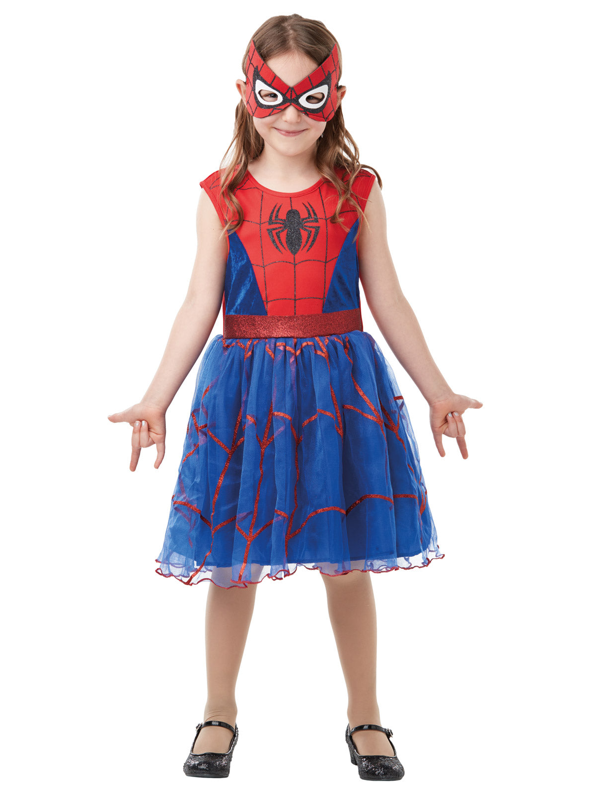 Girl wearing a red and blue Spider-Girl tutu dress with spider emblem, glitter sash and eye mask