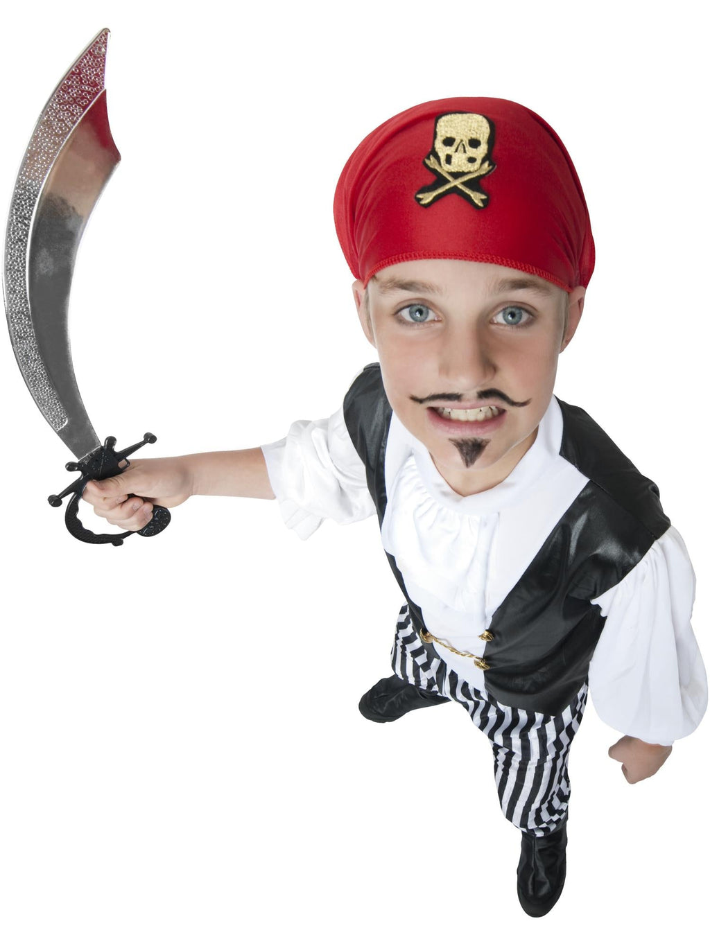 Overhead view of a child in the pirate costume with red skull headband, mock vest and cravat
