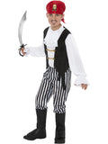 Child in a pirate costume with red skull headband, white shirt, black mock vest, belt and striped pants