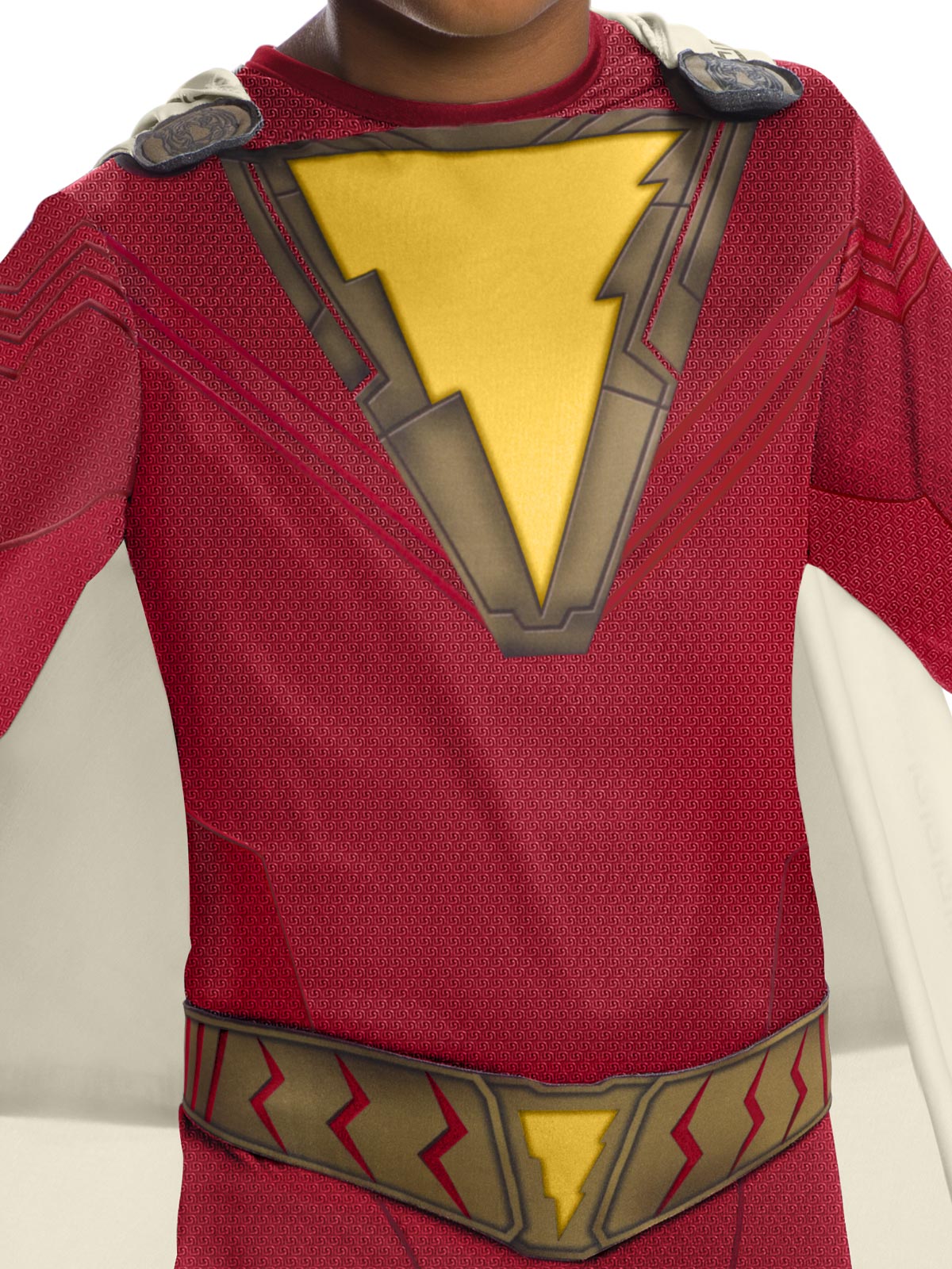 Close-up of the Shazam classic jumpsuit's yellow lightning bolt, collar print and printed gold belt