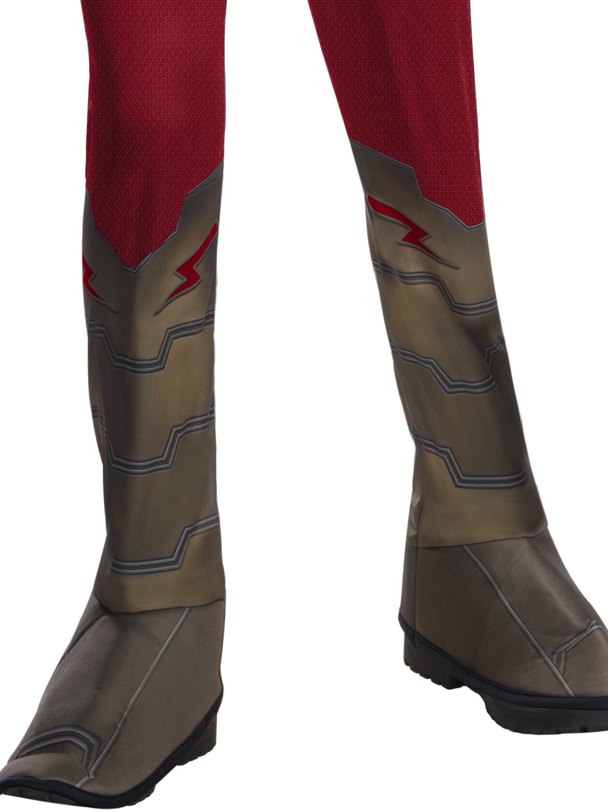 Close-up of the Shazam classic jumpsuit's attached gold shoe covers