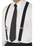 Black elasticated braces with clips worn over a white shirt