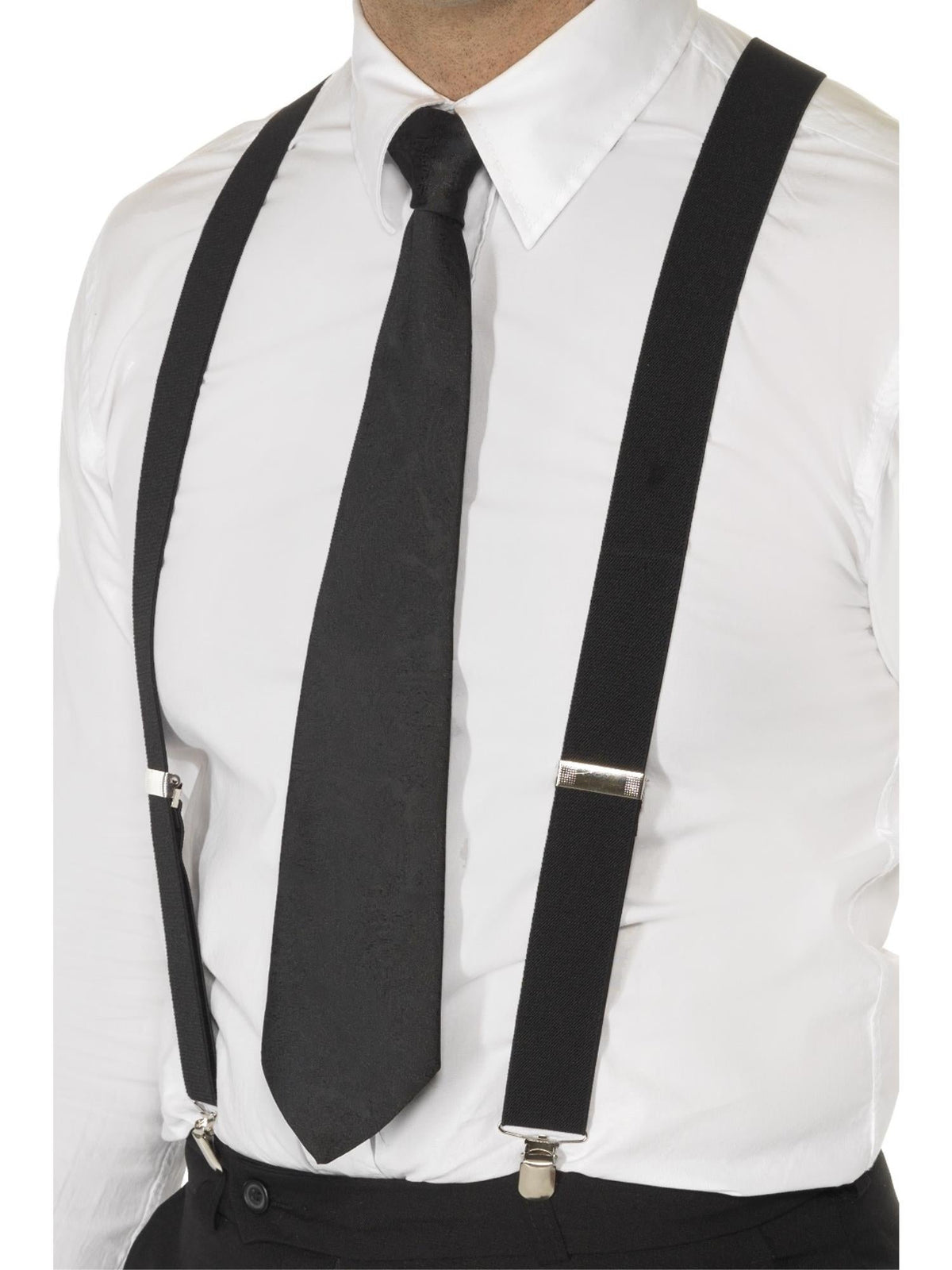 Black elasticated braces with clips worn over a white shirt