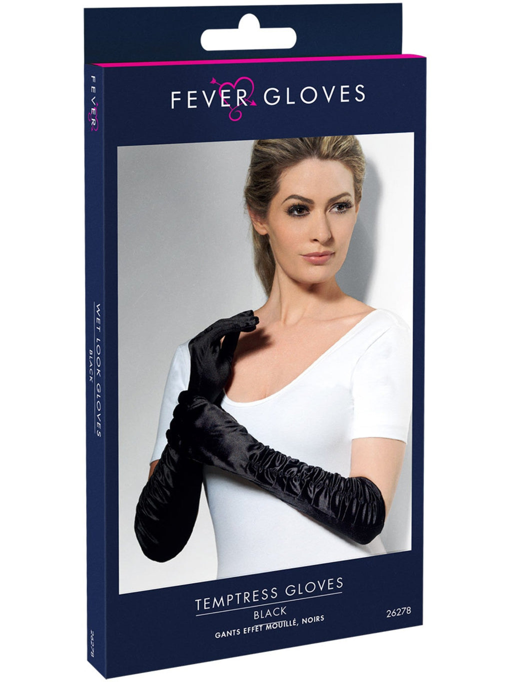 Black temptress gloves in their retail packaging