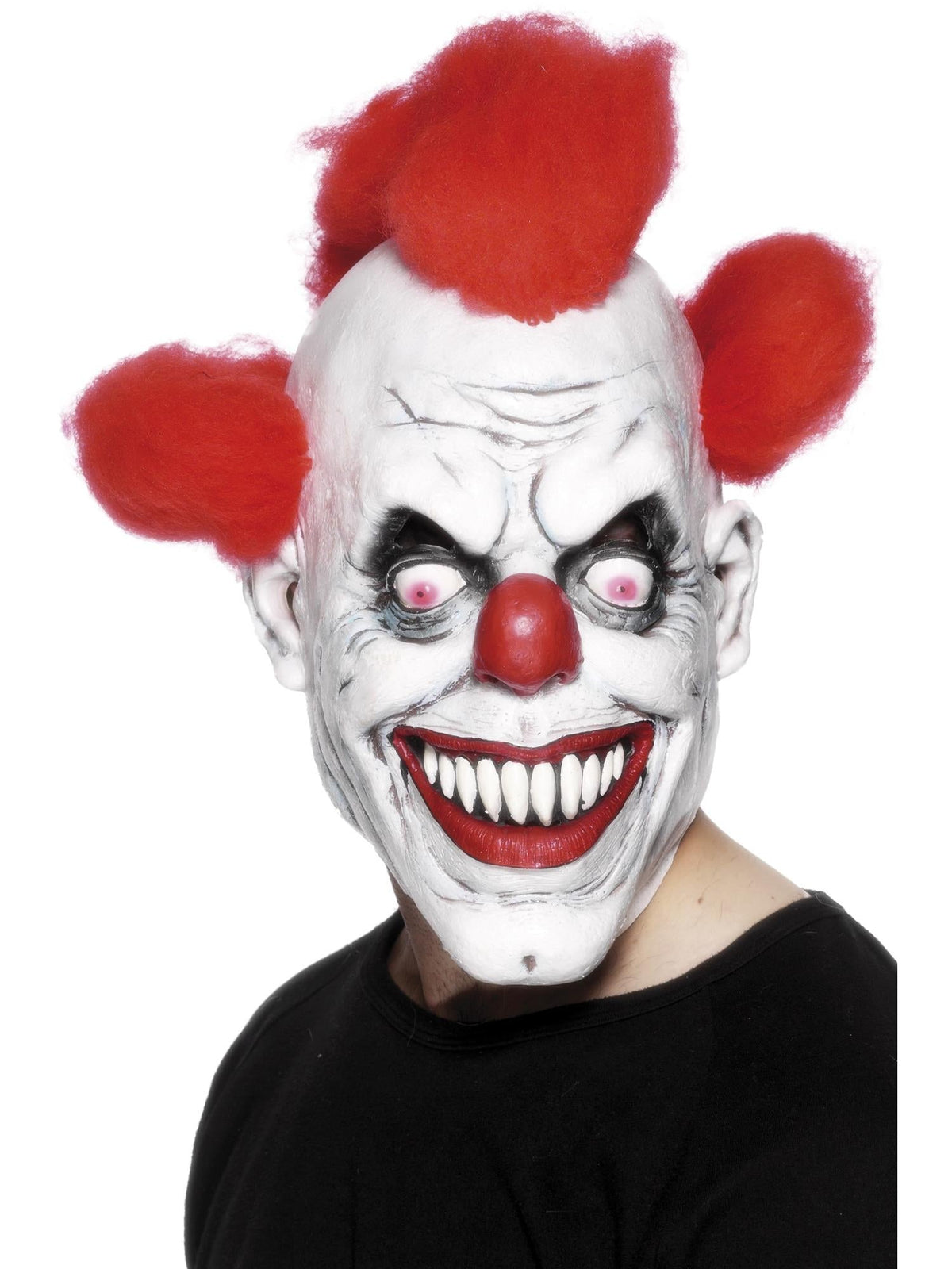 Scary clown 3/4 mask with white face, sharp teeth, red nose and tufts of red hair