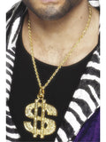 Man wearing a gold dollar sign medallion on a gold chain