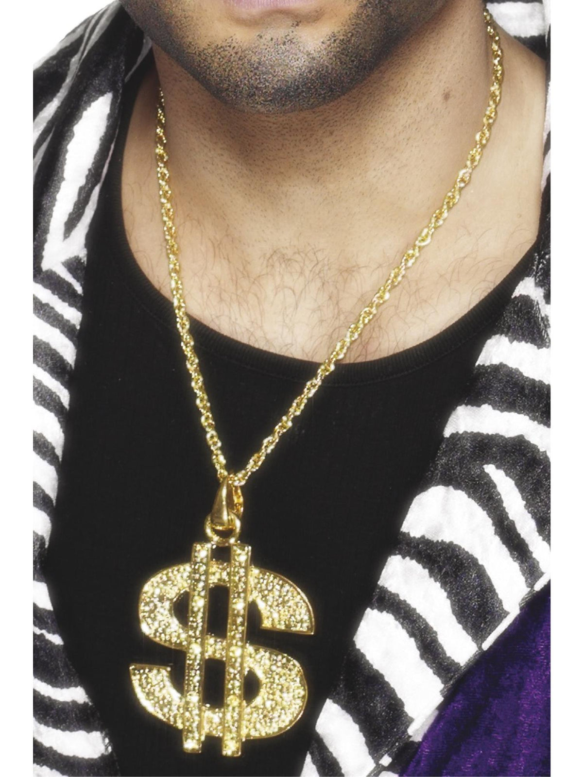 Man wearing a gold dollar sign medallion on a gold chain