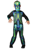 Child in the Neon Skeleton Glow in the Dark black jumpsuit with green and blue bones and skull mask