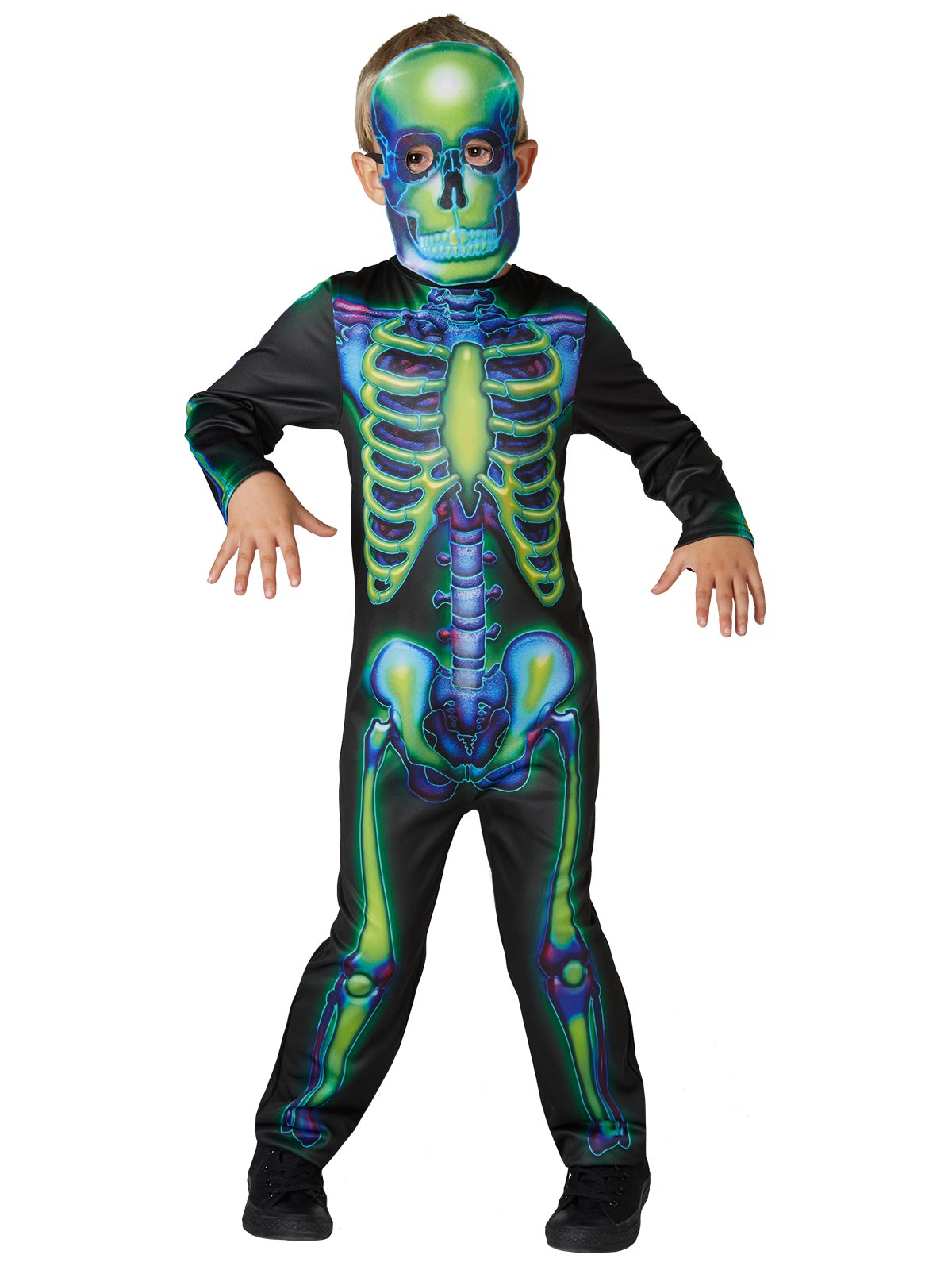 Child in the Neon Skeleton Glow in the Dark black jumpsuit with green and blue bones and skull mask