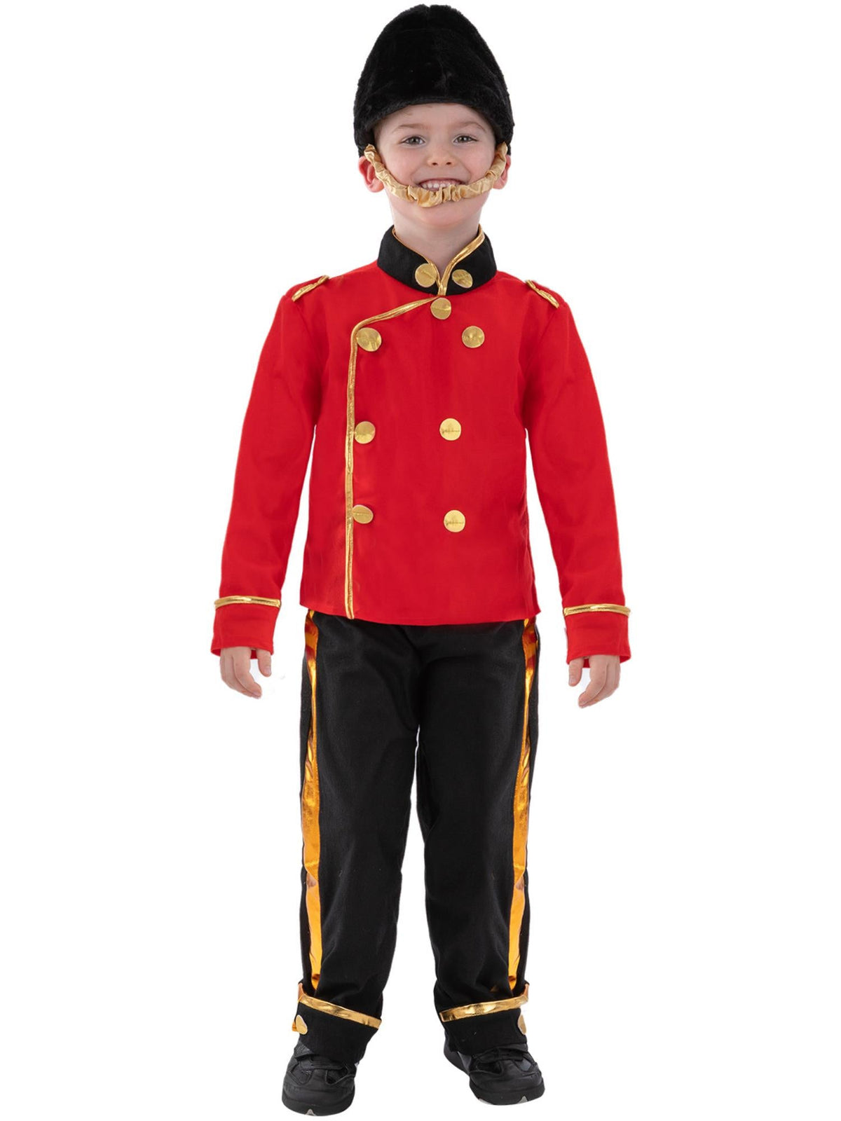 Front view of the guard soldier red jacket, gold-striped trousers and black busby hat