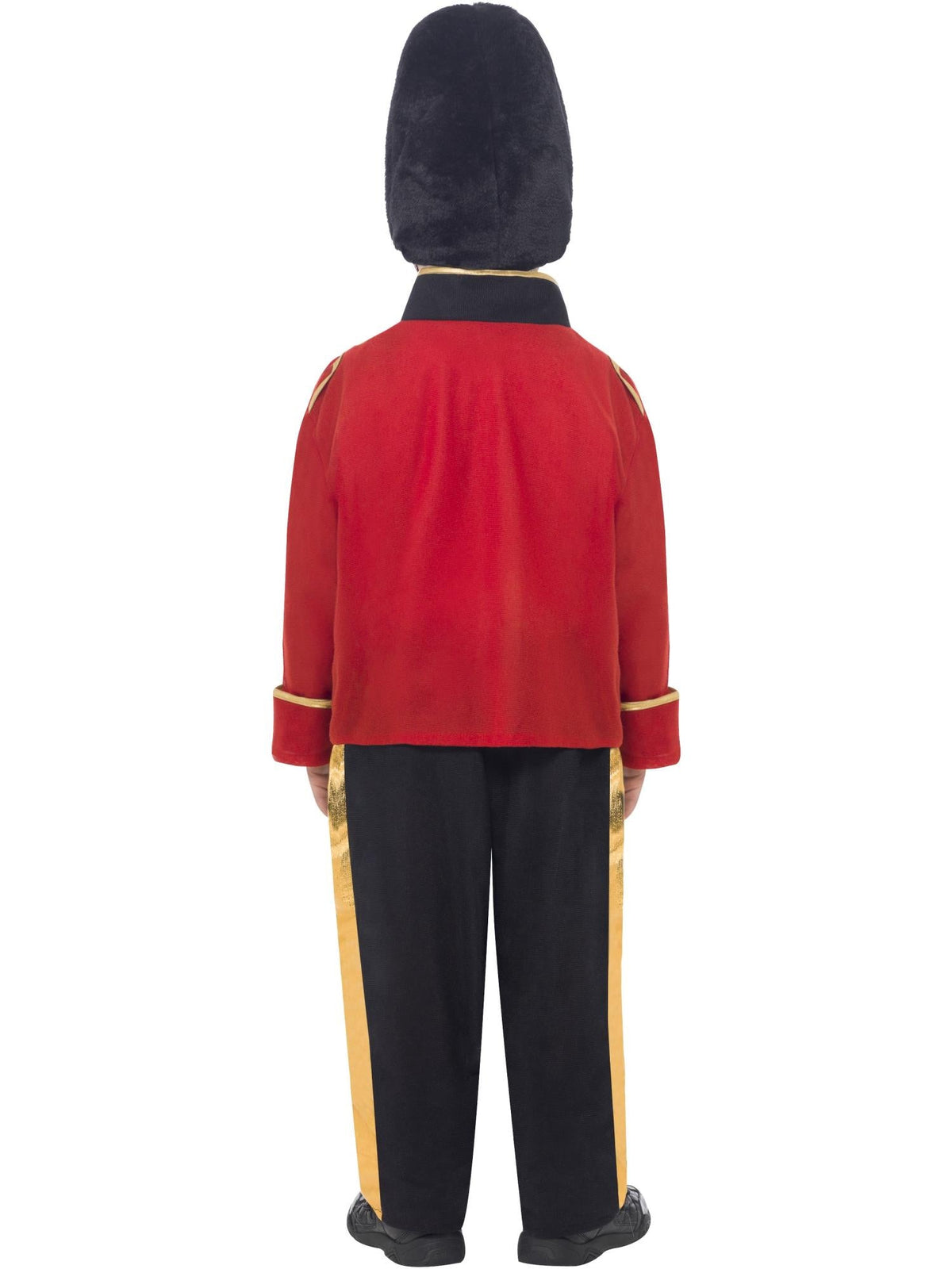 Back view of the guard soldier costume showing red jacket and striped black trousers