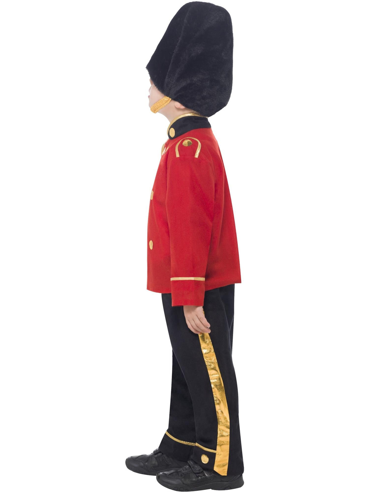 Side view of the guard soldier costume with red jacket and black busby hat