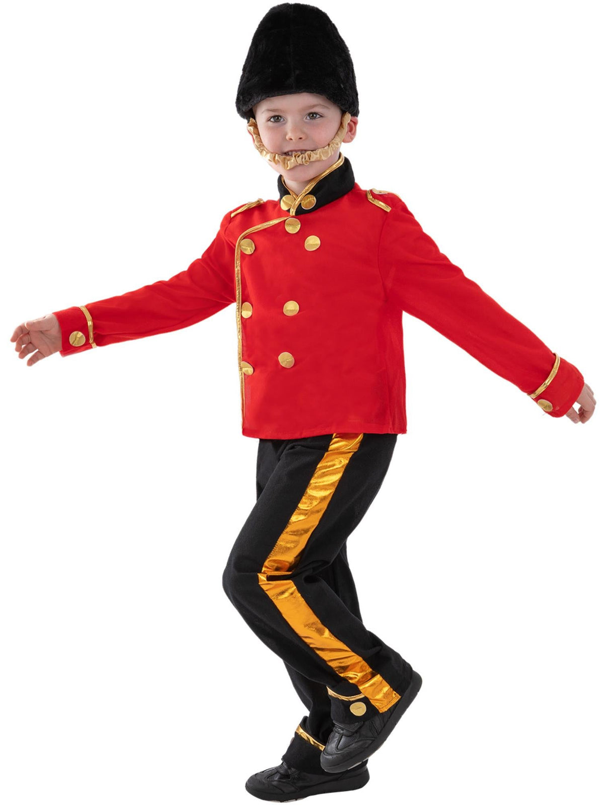Boy in guard soldier costume with red jacket, gold buttons, black trousers with gold stripe and bearskin hat