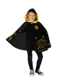 Girl in the Harry Potter Hogwarts hooded robe, black with gold foil Hogwarts print and yellow lining