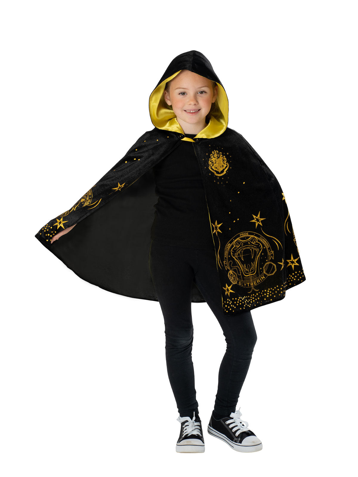 Girl in the Harry Potter Hogwarts hooded robe, black with gold foil Hogwarts print and yellow lining
