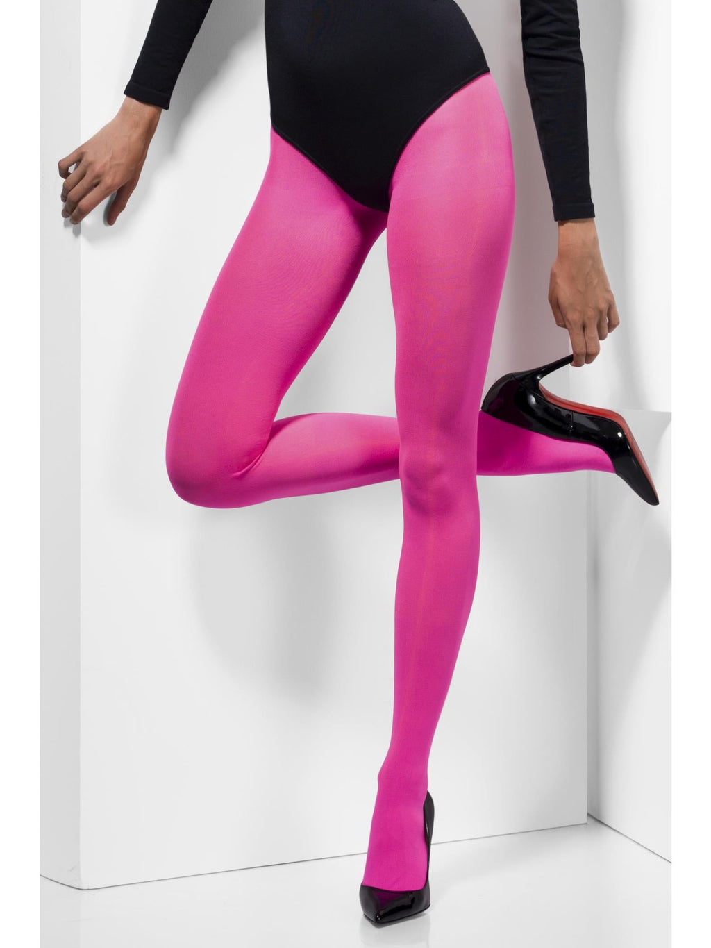 Pink opaque tights, alternate view