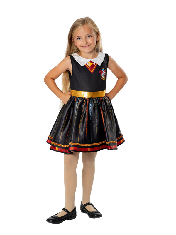 Girl in the Harry Potter Gryffindor tutu dress with a black bodice, gold waistband, red trim and white collar