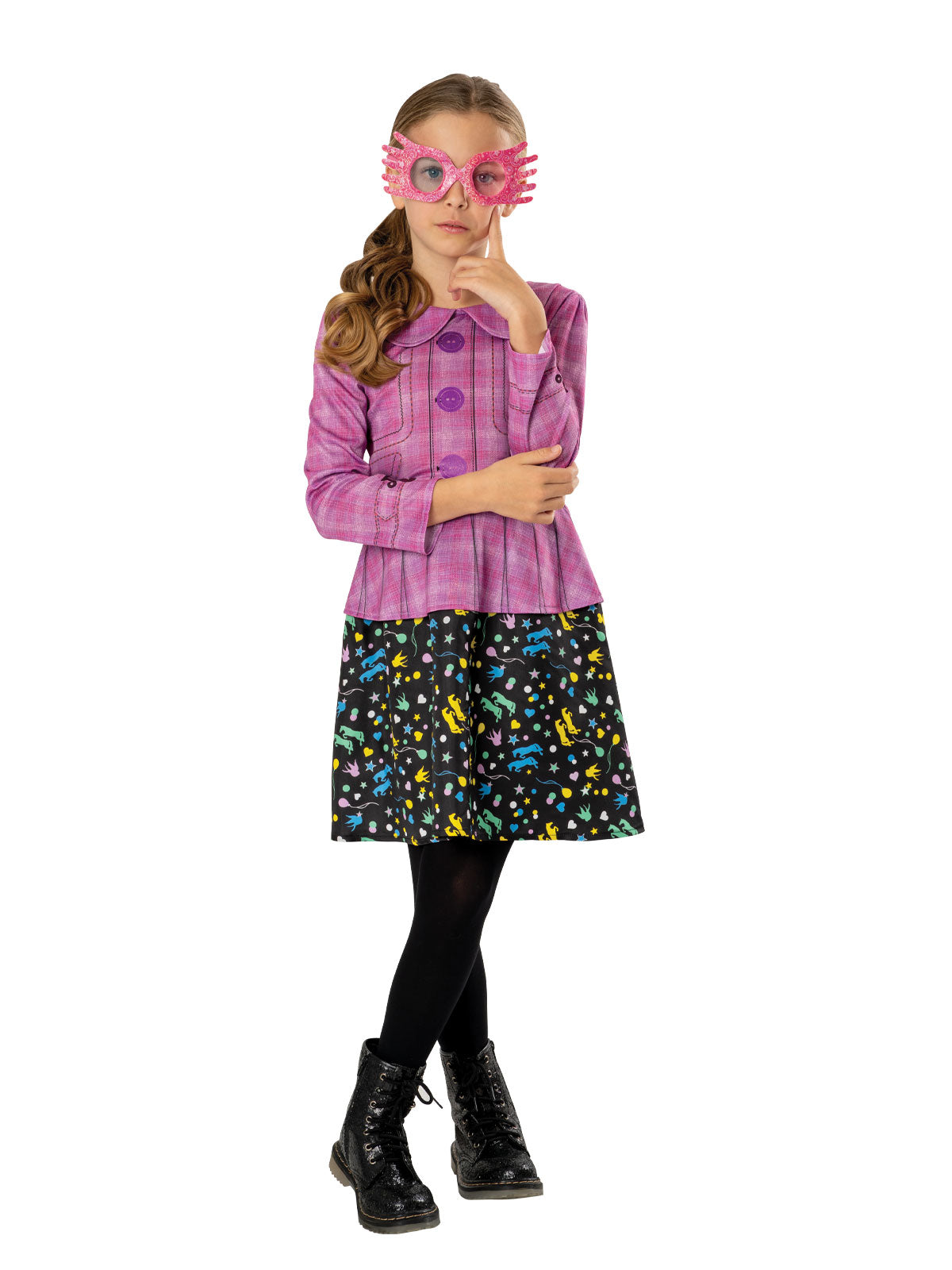 Girl in the Harry Potter Luna Lovegood dress with a pink printed top, patterned skirt and glittery pink specs