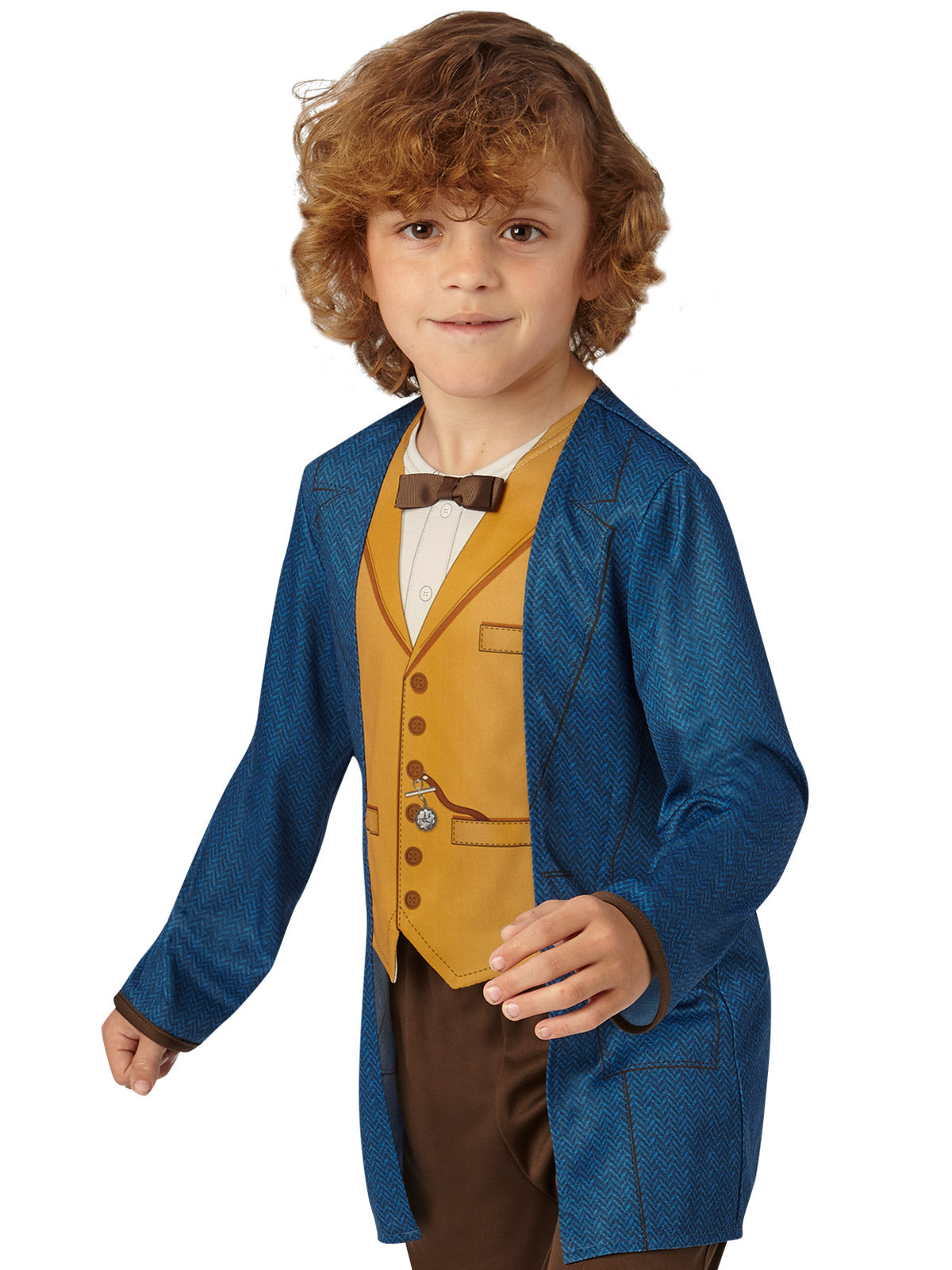 Boy in the Newt Scamander blue long-style coat with printed mustard waistcoat and satin bow tie