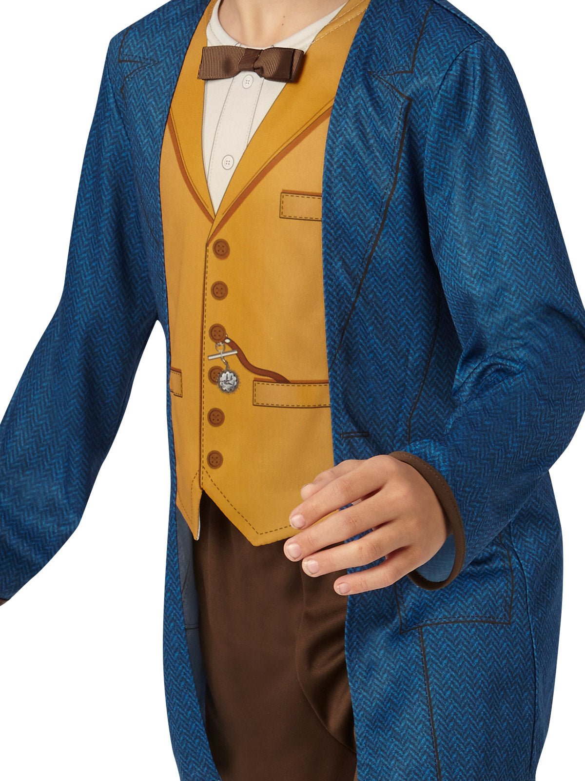 Close-up of the Newt Scamander blue coat, mustard mock vest with buttons and brown pants