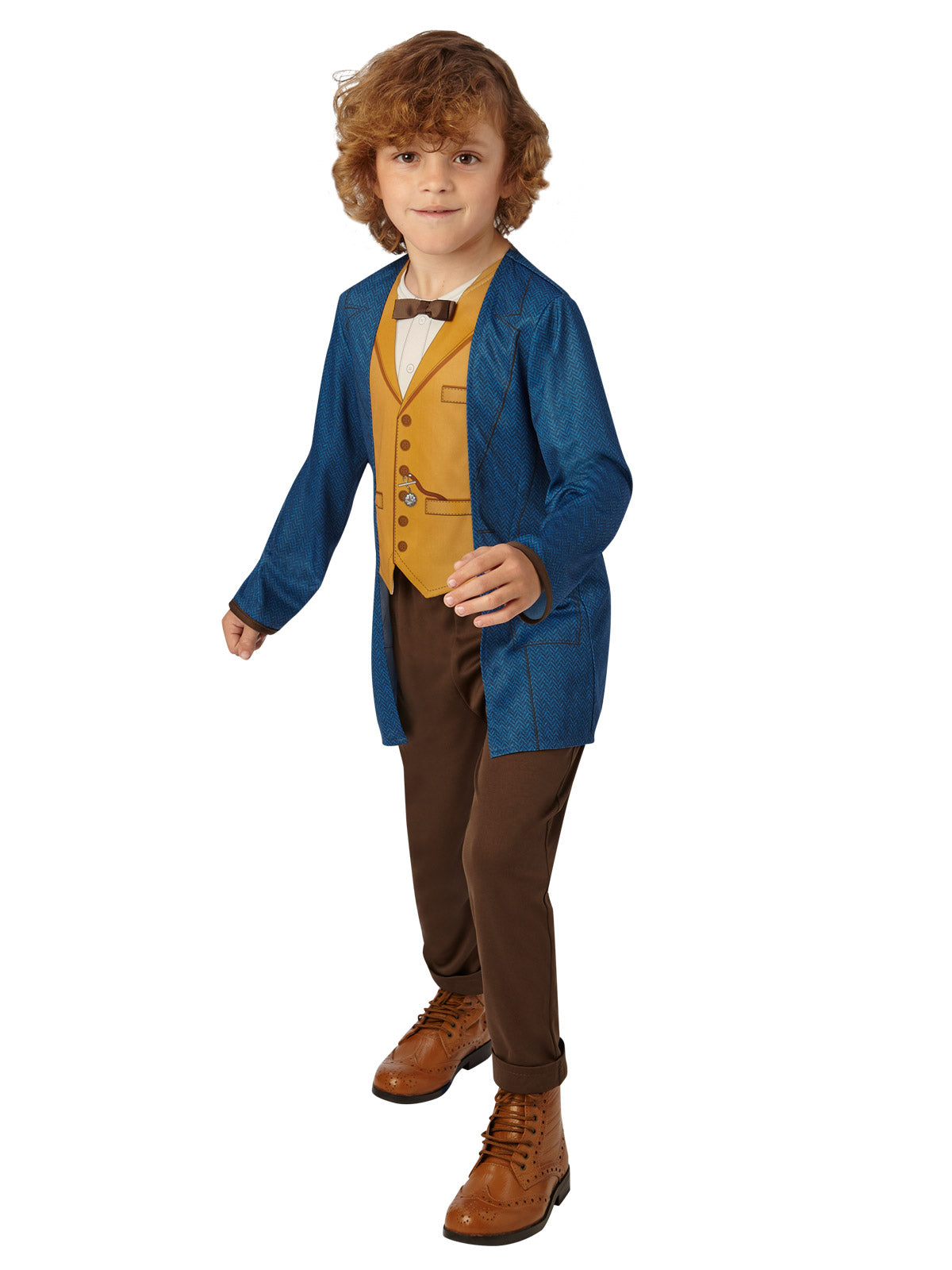 Boy in the Fantastic Beasts Newt Scamander costume with a blue long coat, mustard waistcoat, bow tie and brown pants
