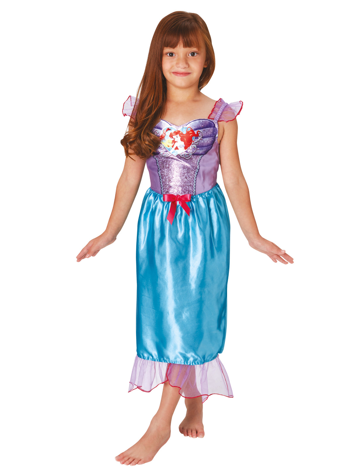Girl in Ariel dress with purple sequin bodice, red bow and blue satin skirt with lilac tulle fin