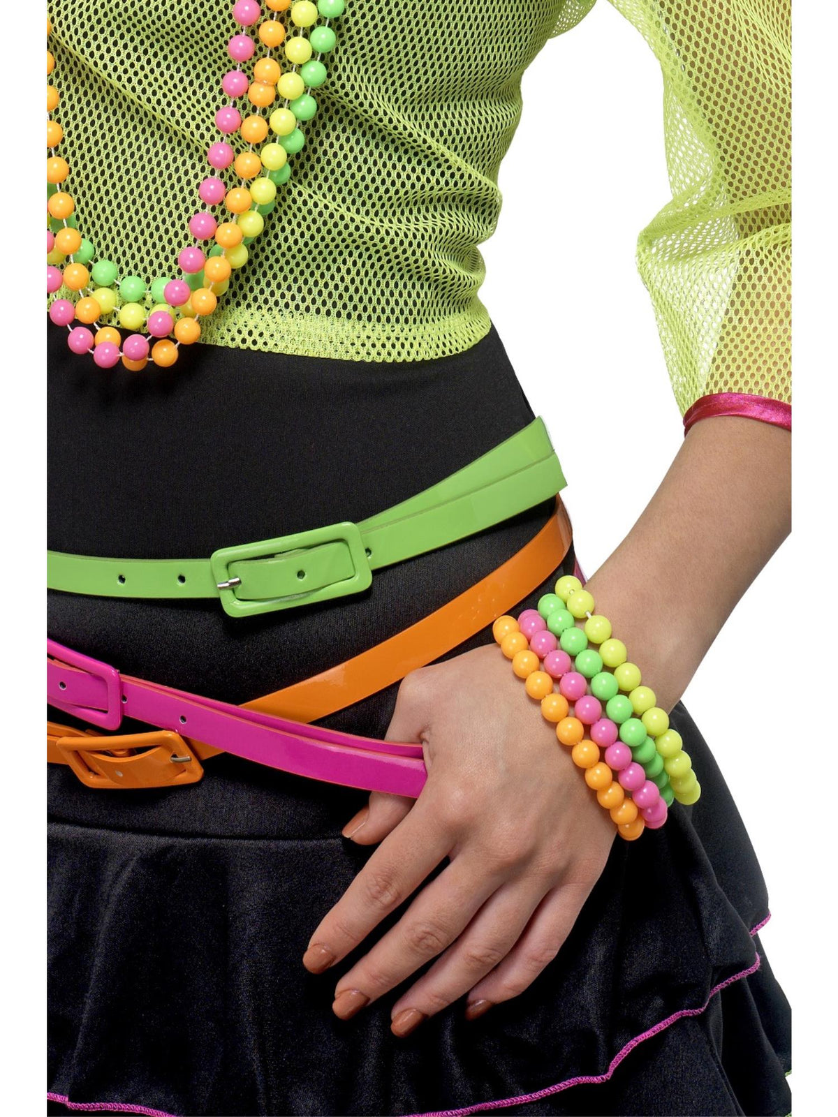 Wrist wearing stacked neon beaded bracelets in pink, orange, green and yellow