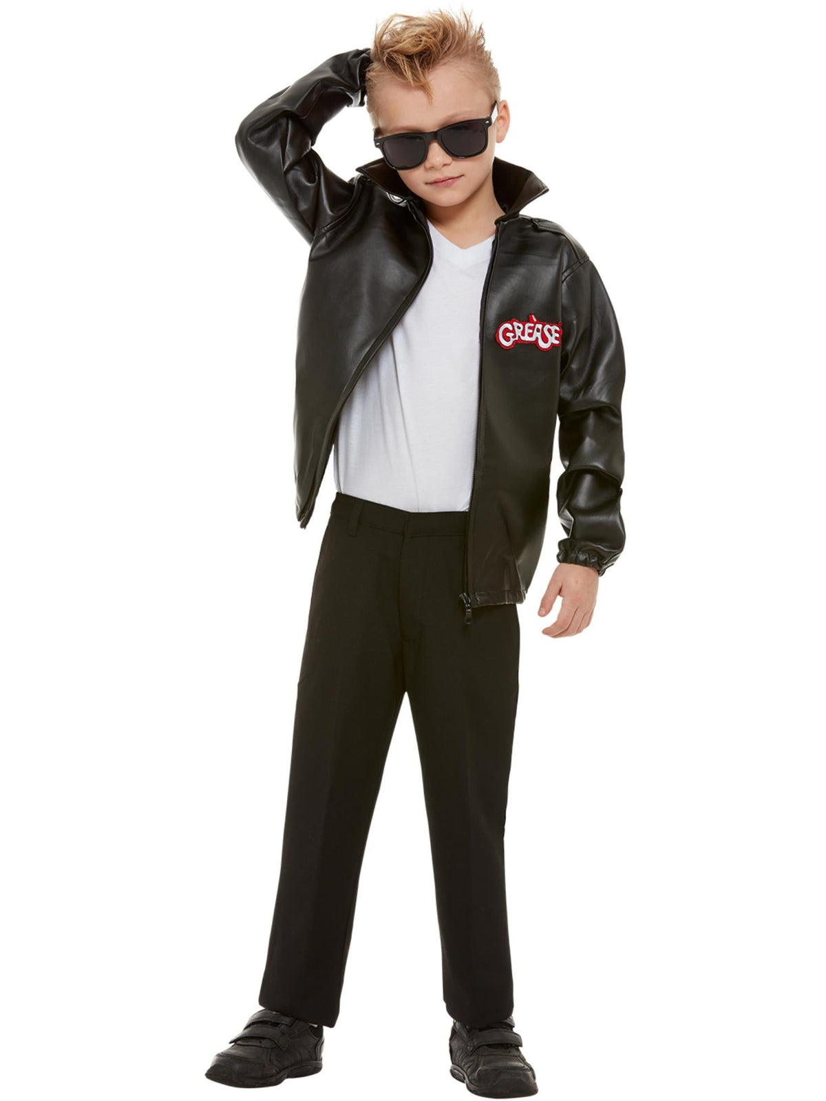 Boy posing in the black Grease T-Birds jacket with the collar turned up