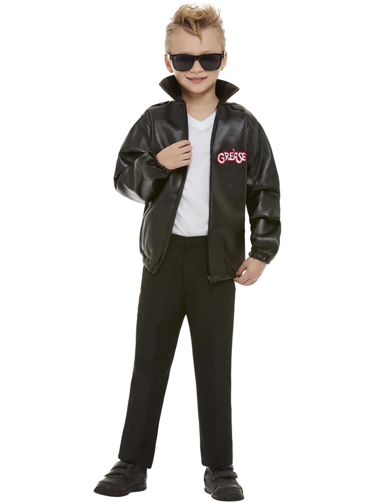 Boy wearing the Grease T-Birds black vinyl-look jacket with a high collar and GREASE chest print
