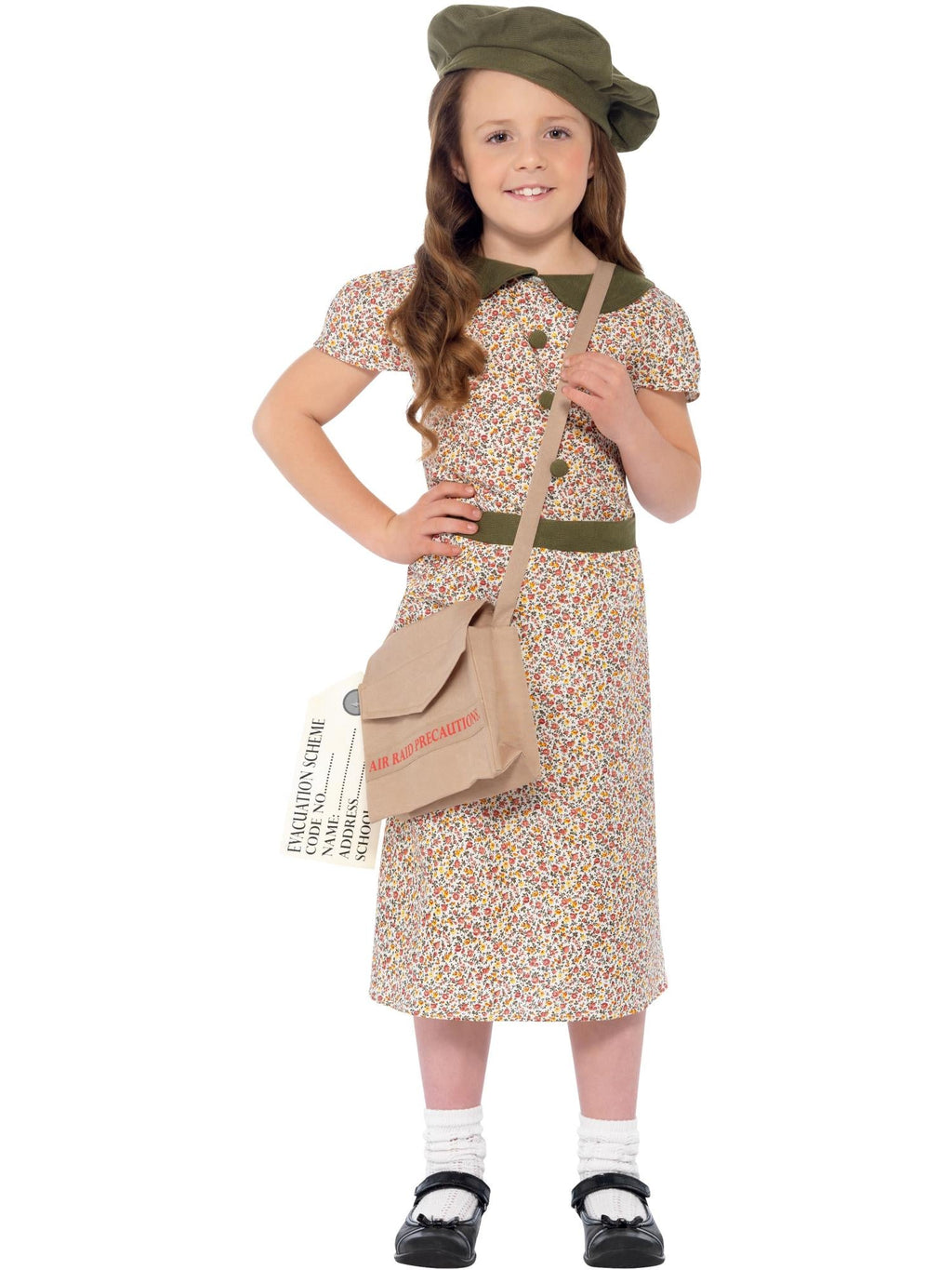 Girl in the evacuee costume with satchel and name tag, hand on hip