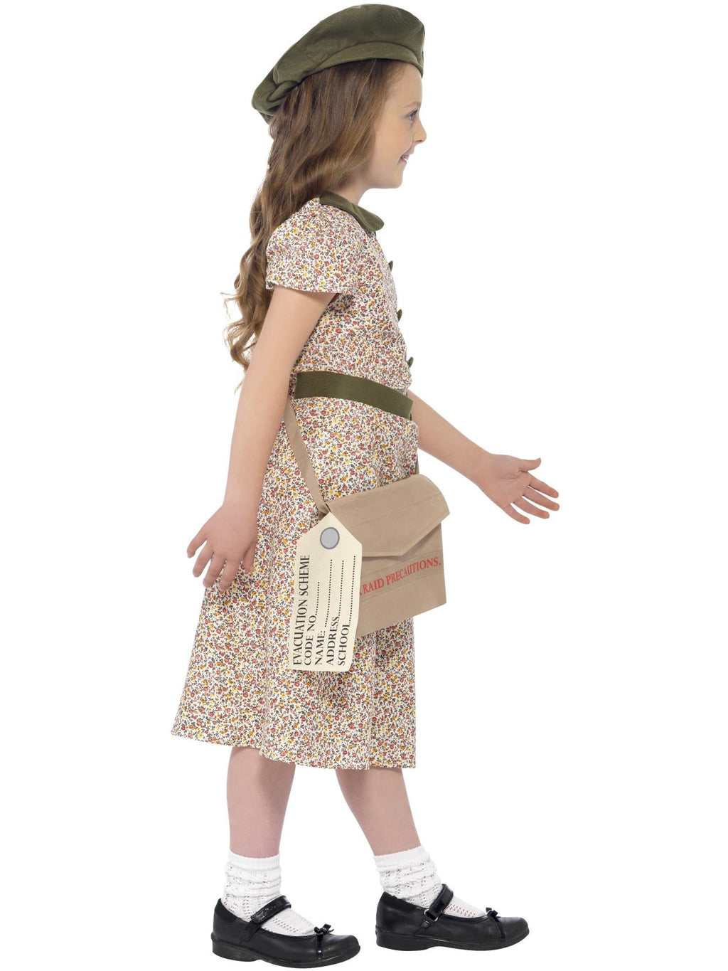 Side view of the evacuee floral dress with beret