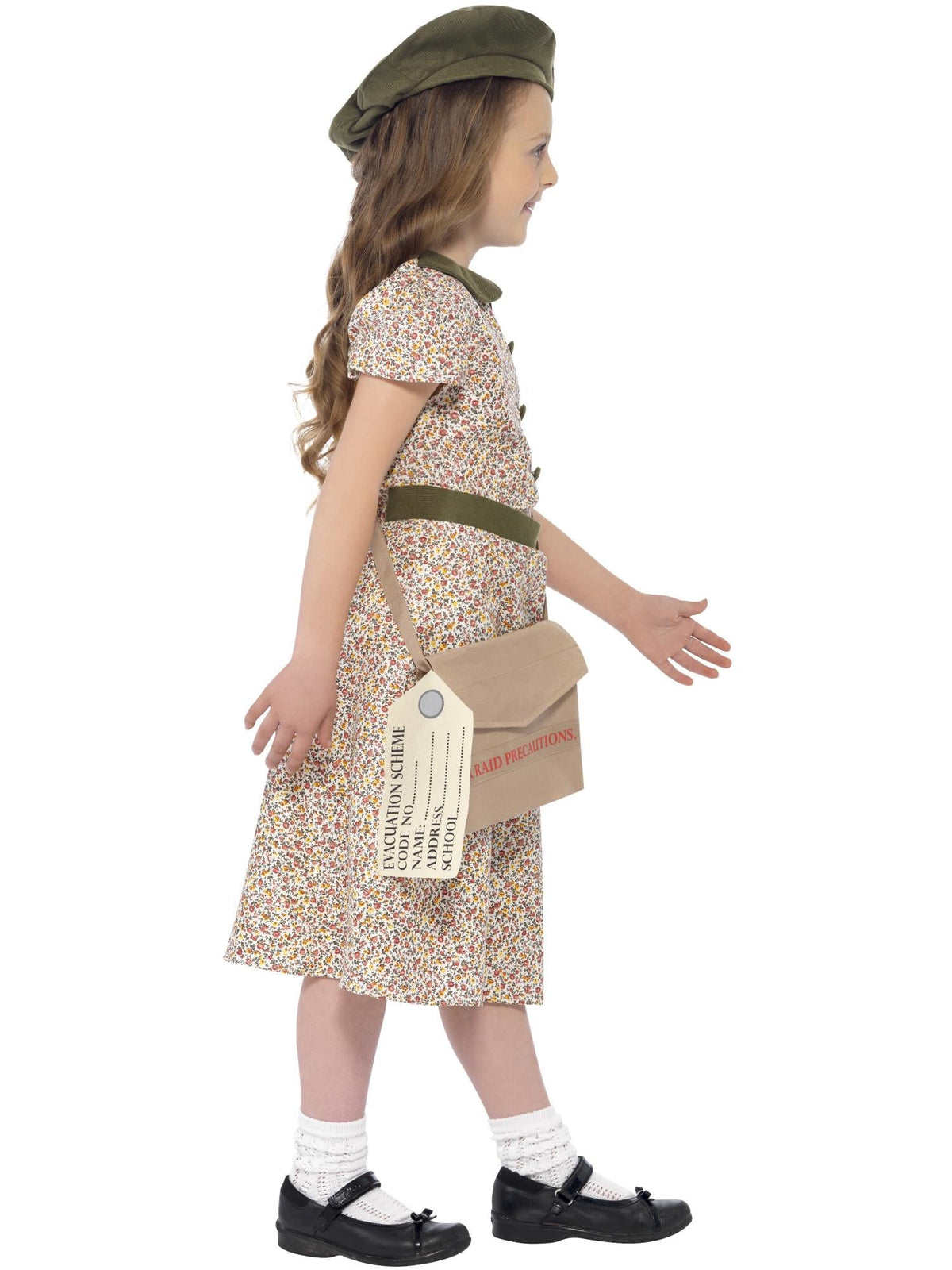 Side view of the evacuee floral dress with beret