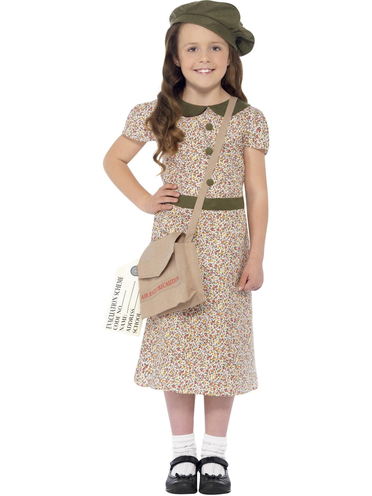 Girl in WW2 evacuee floral dress with green beret, satchel and ID tag